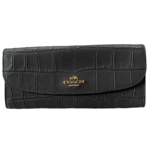 Coach Black Croc-Embossed Leather Continental Wallet with Gold Hardware